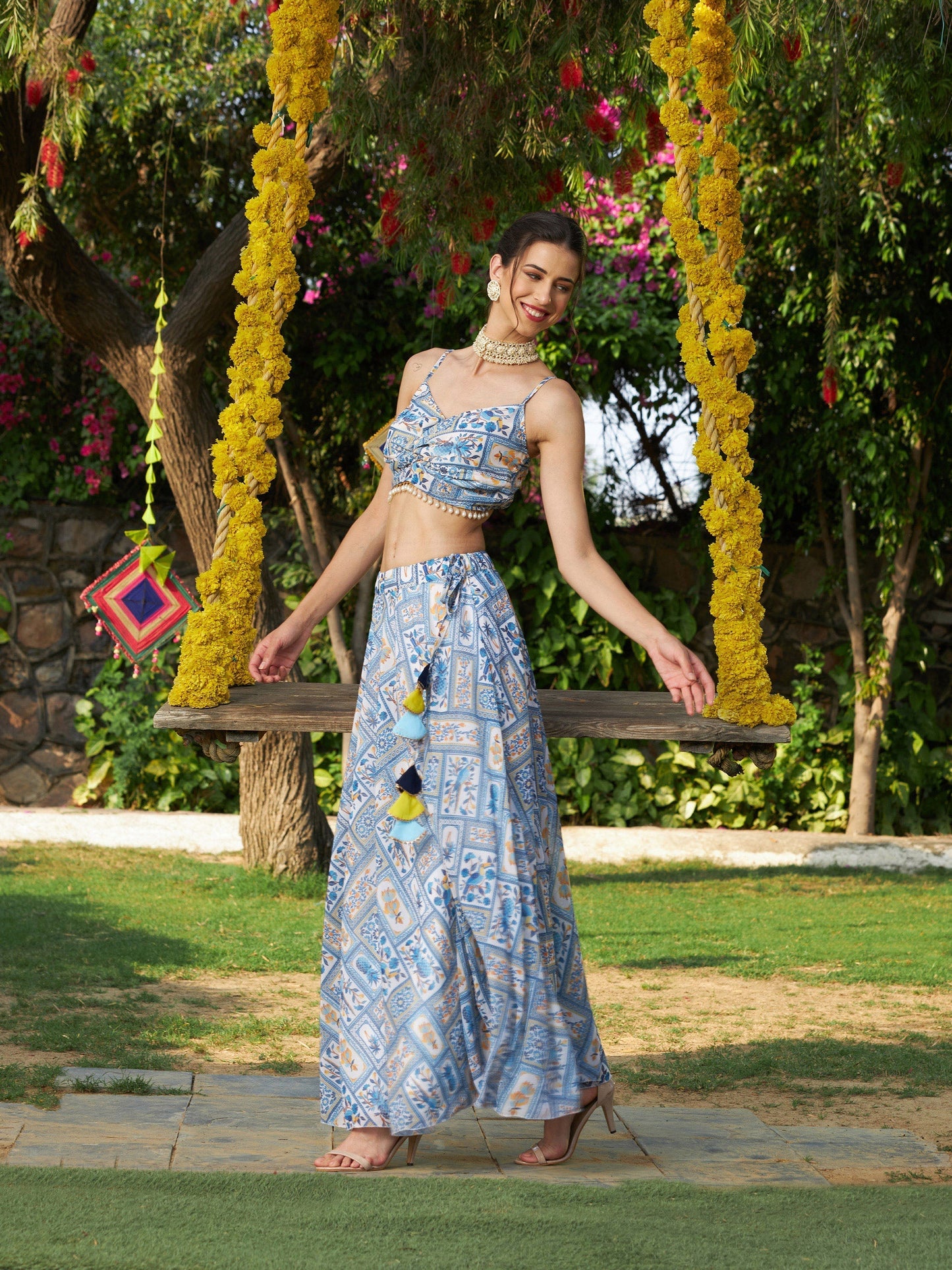 Women's Blue Floral Strappy Crop Top With Bias Flared Skirt