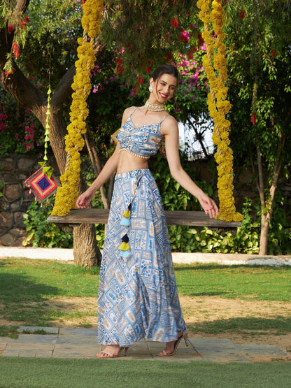 Women's Blue Floral Strappy Crop Top With Bias Flared Skirt
