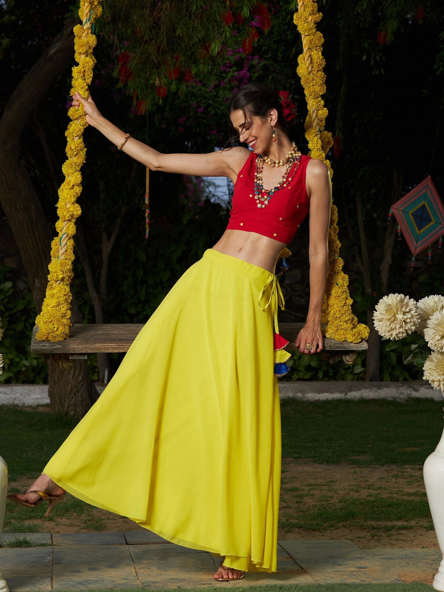 Women's Red Embroidered Crop Top With Yellow Flared Skirt