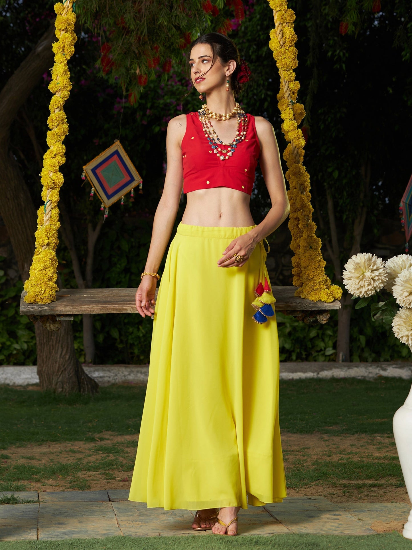 Women's Red Embroidered Crop Top With Yellow Flared Skirt