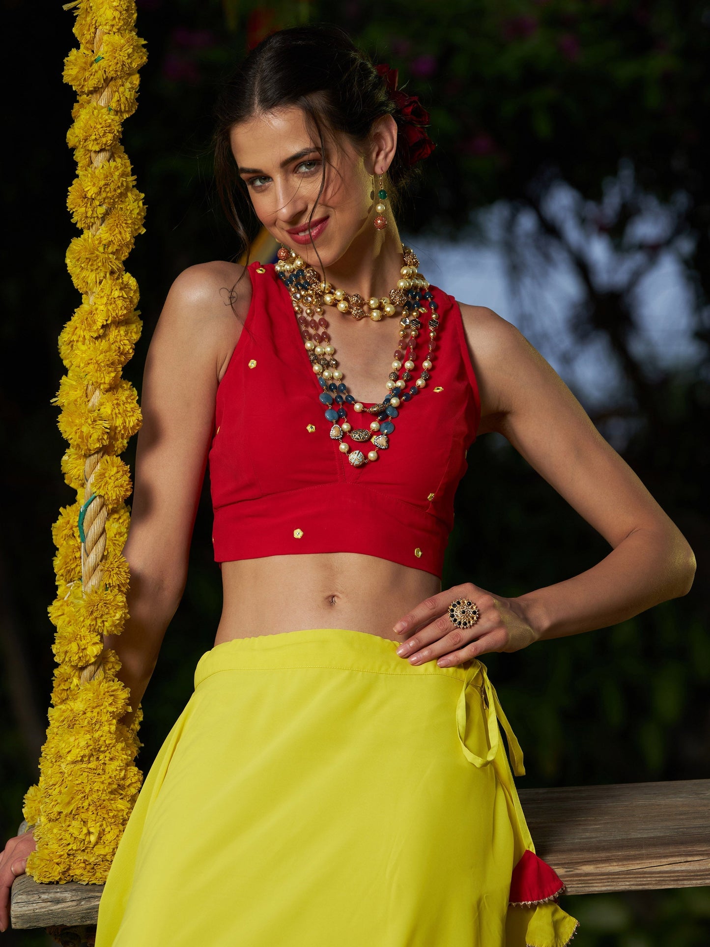 Women's Red Embroidered Crop Top With Yellow Flared Skirt