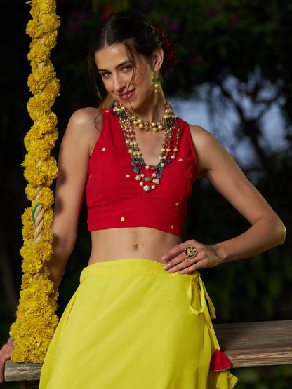 Women's Red Embroidered Crop Top With Yellow Flared Skirt
