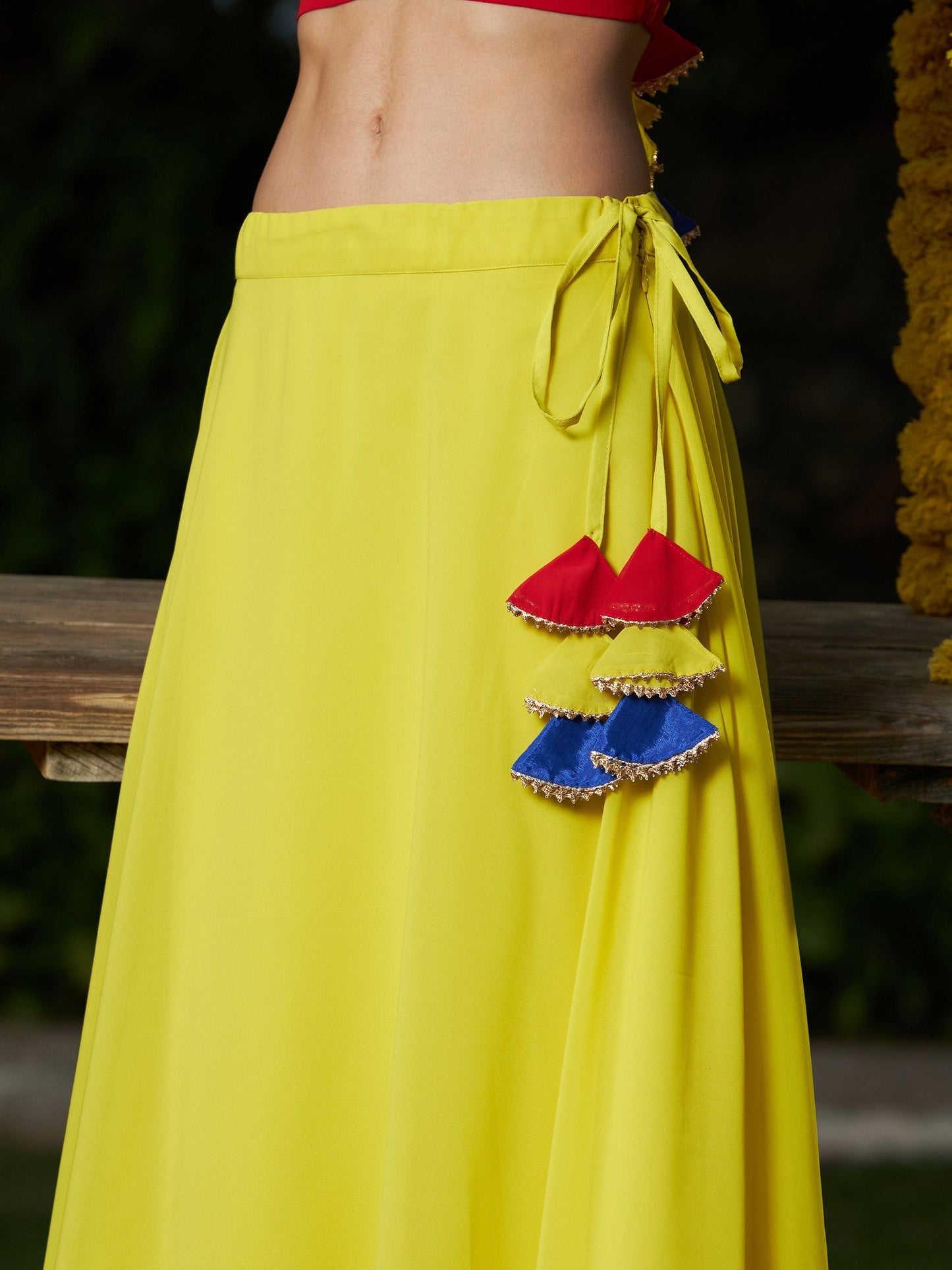 Women's Red Embroidered Crop Top With Yellow Flared Skirt