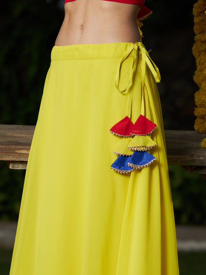 Women's Red Embroidered Crop Top With Yellow Flared Skirt