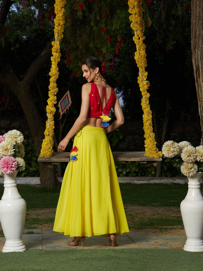 Women's Red Embroidered Crop Top With Yellow Flared Skirt