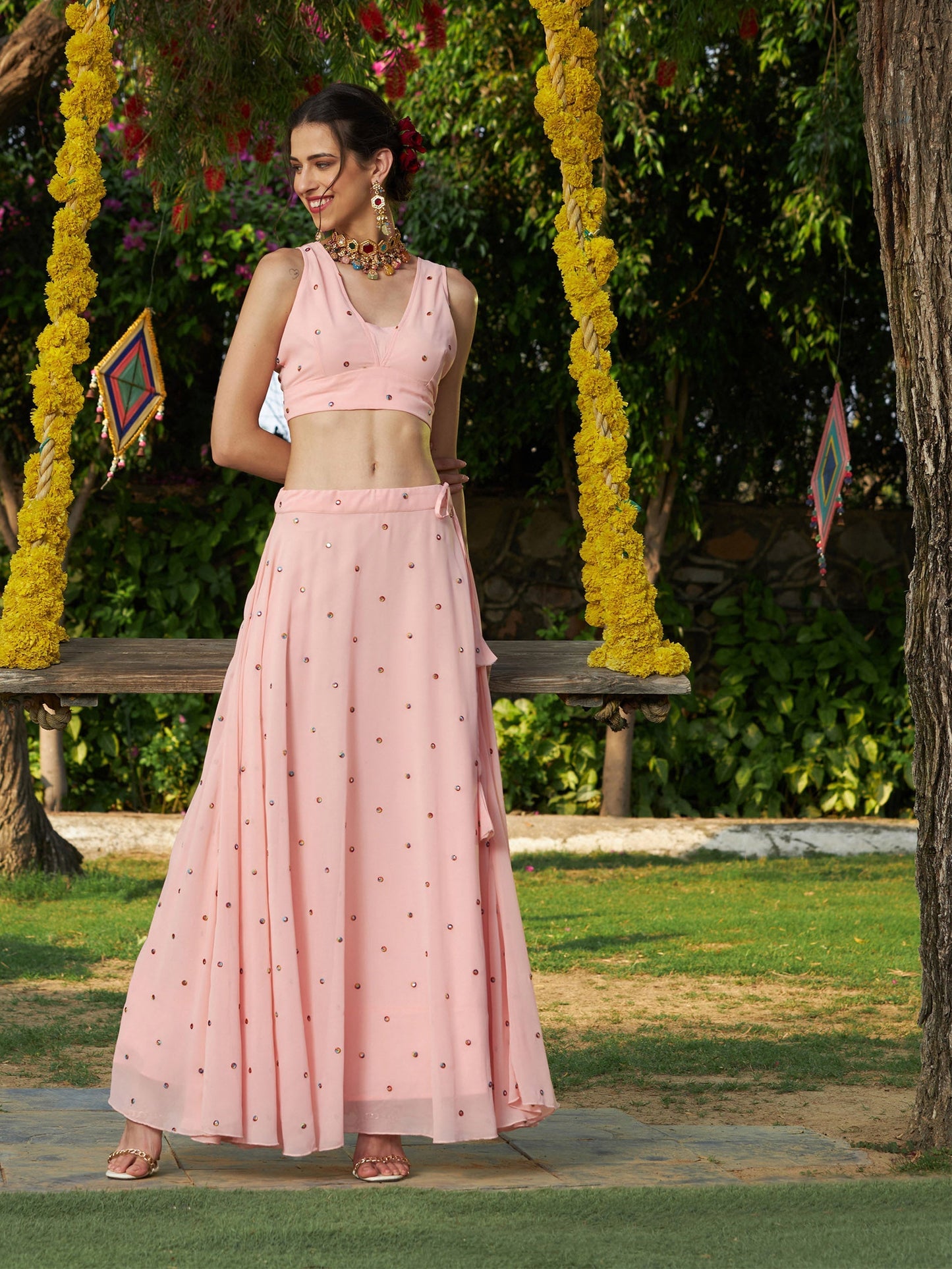 Women's Pink Embroidered Crop Top With Bias Flared Skirt