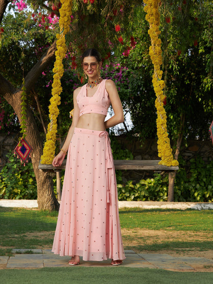 Women's Pink Embroidered Crop Top With Bias Flared Skirt