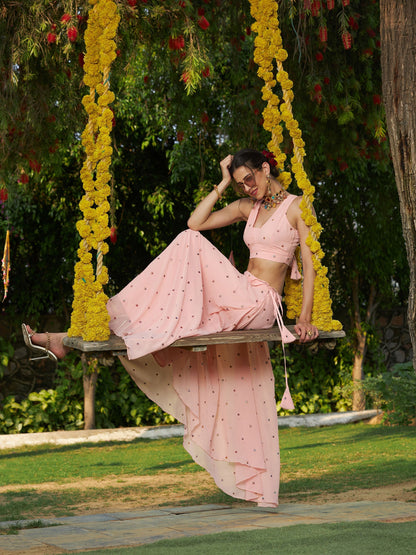 Women's Pink Embroidered Crop Top With Bias Flared Skirt