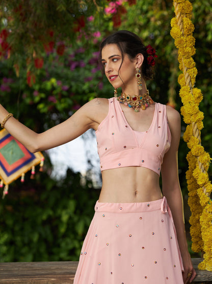 Women's Pink Embroidered Crop Top With Bias Flared Skirt
