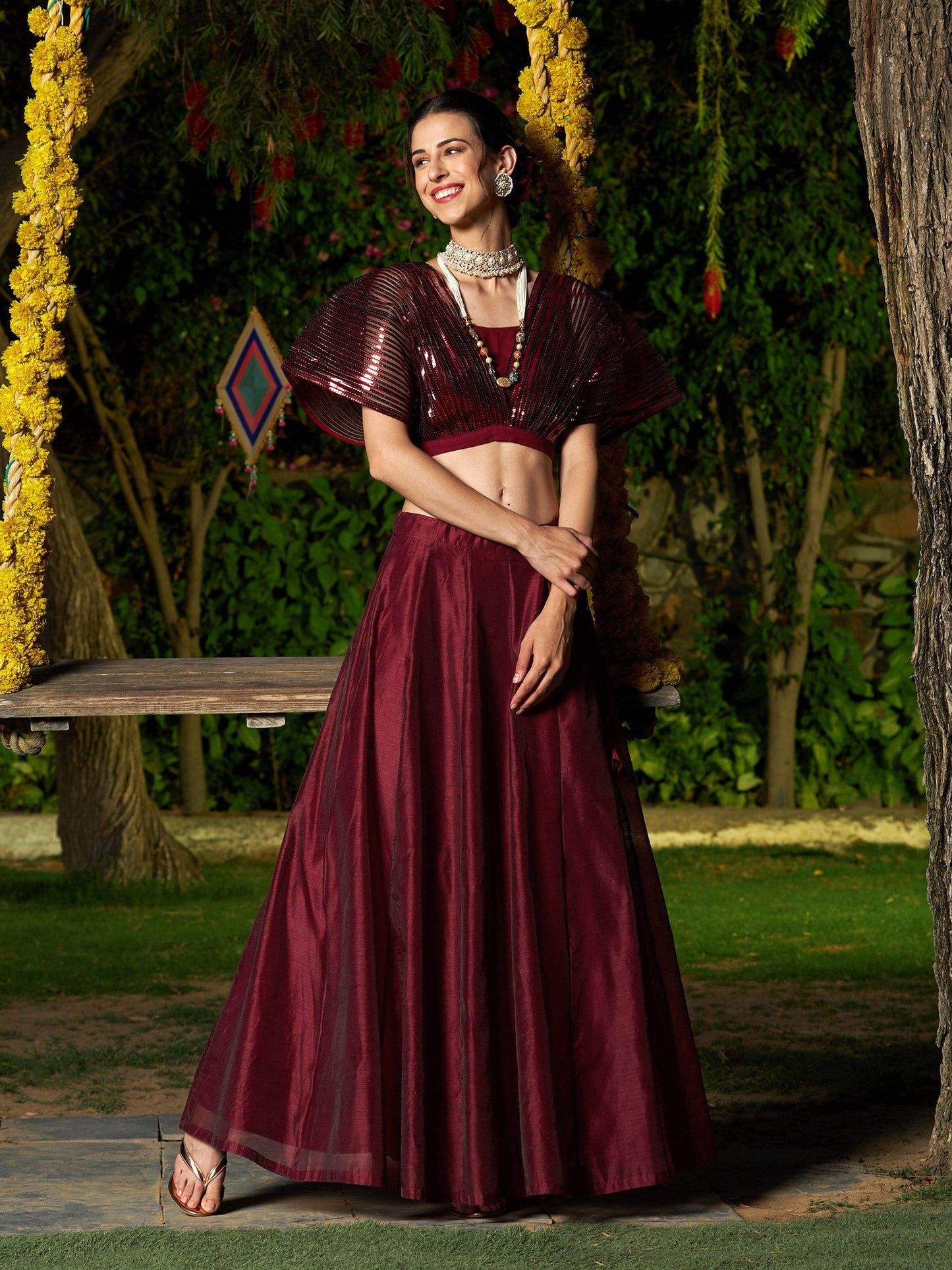 Women's Maroon Mesh Mettalic Detail Top with Chanderi Skirt