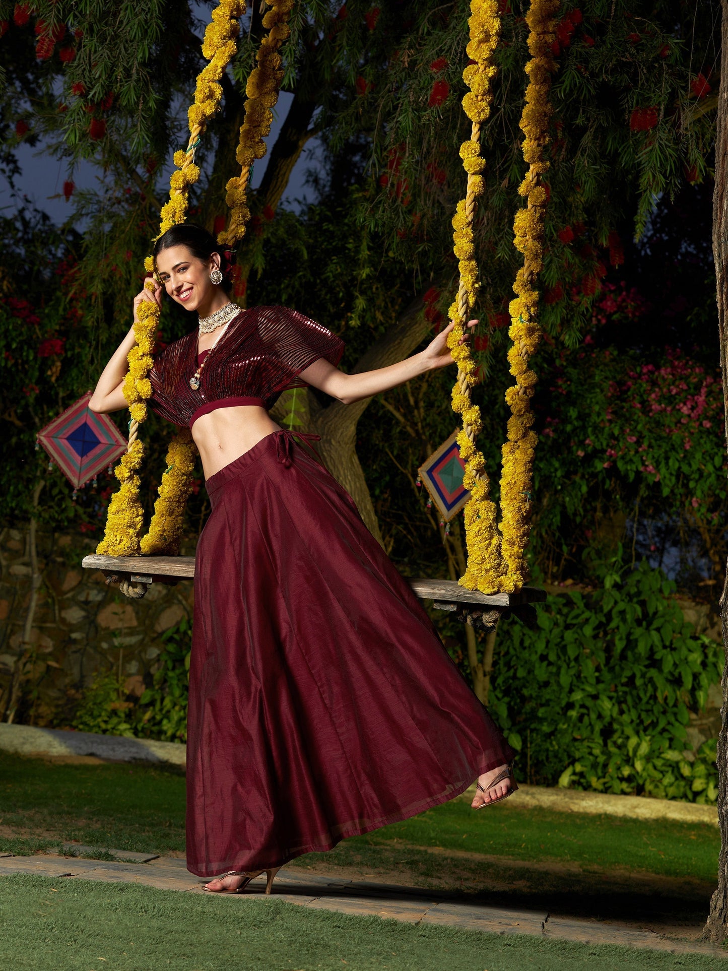 Women's Maroon Mesh Mettalic Detail Top with Chanderi Skirt