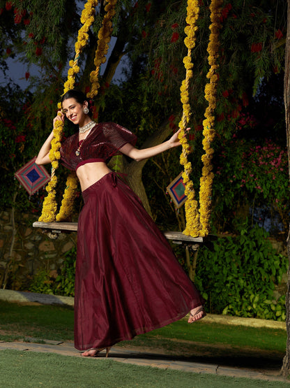 Women's Maroon Mesh Mettalic Detail Top with Chanderi Skirt