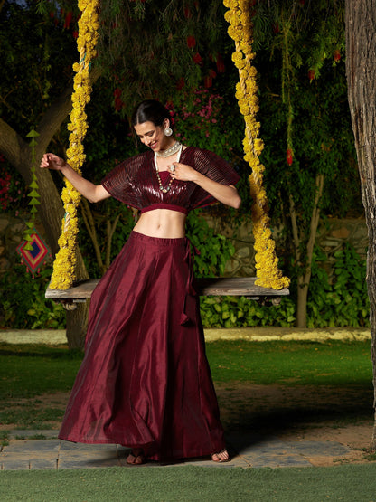 Women's Maroon Mesh Mettalic Detail Top with Chanderi Skirt
