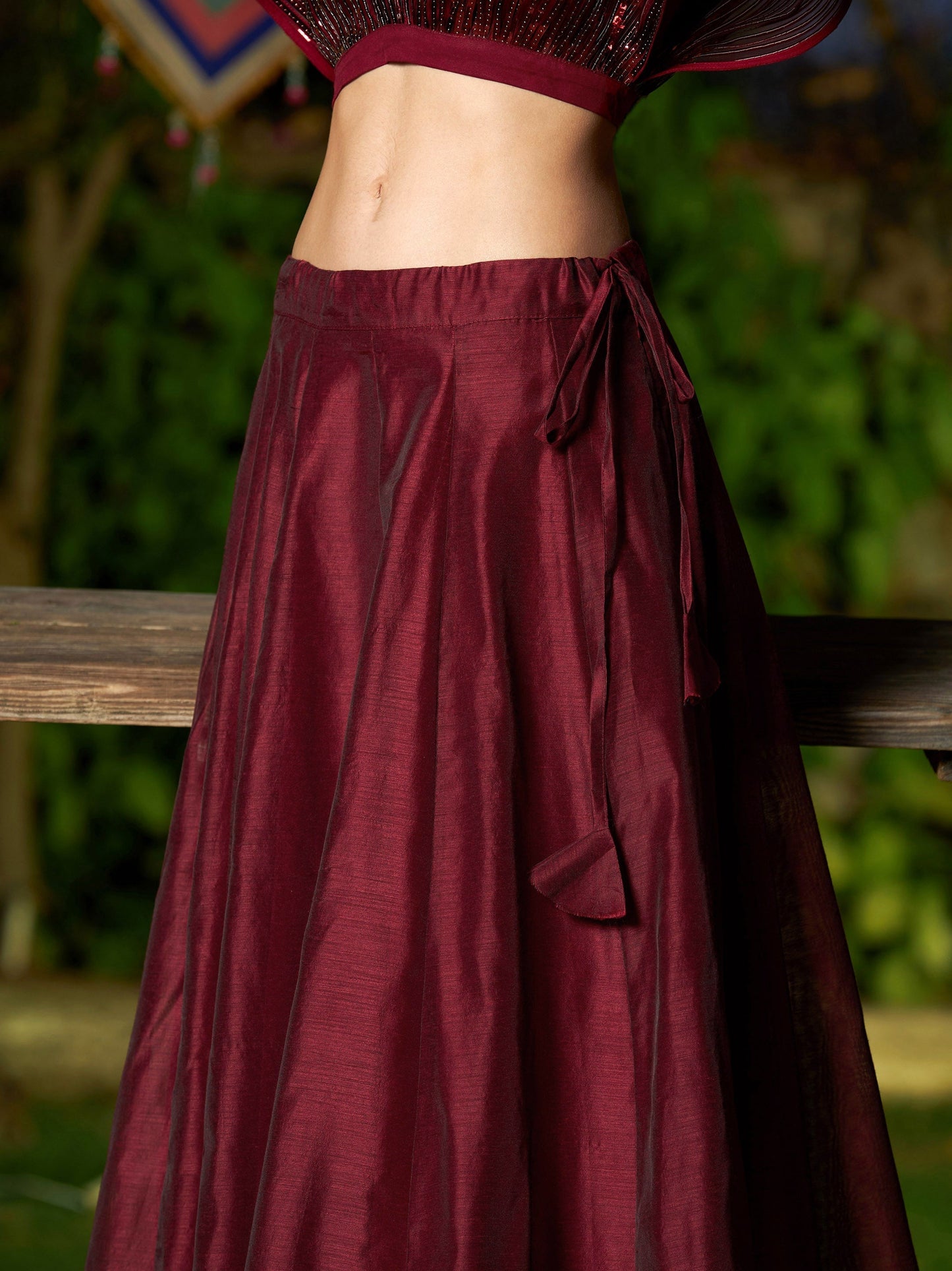 Women's Maroon Mesh Mettalic Detail Top with Chanderi Skirt