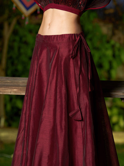 Women's Maroon Mesh Mettalic Detail Top with Chanderi Skirt