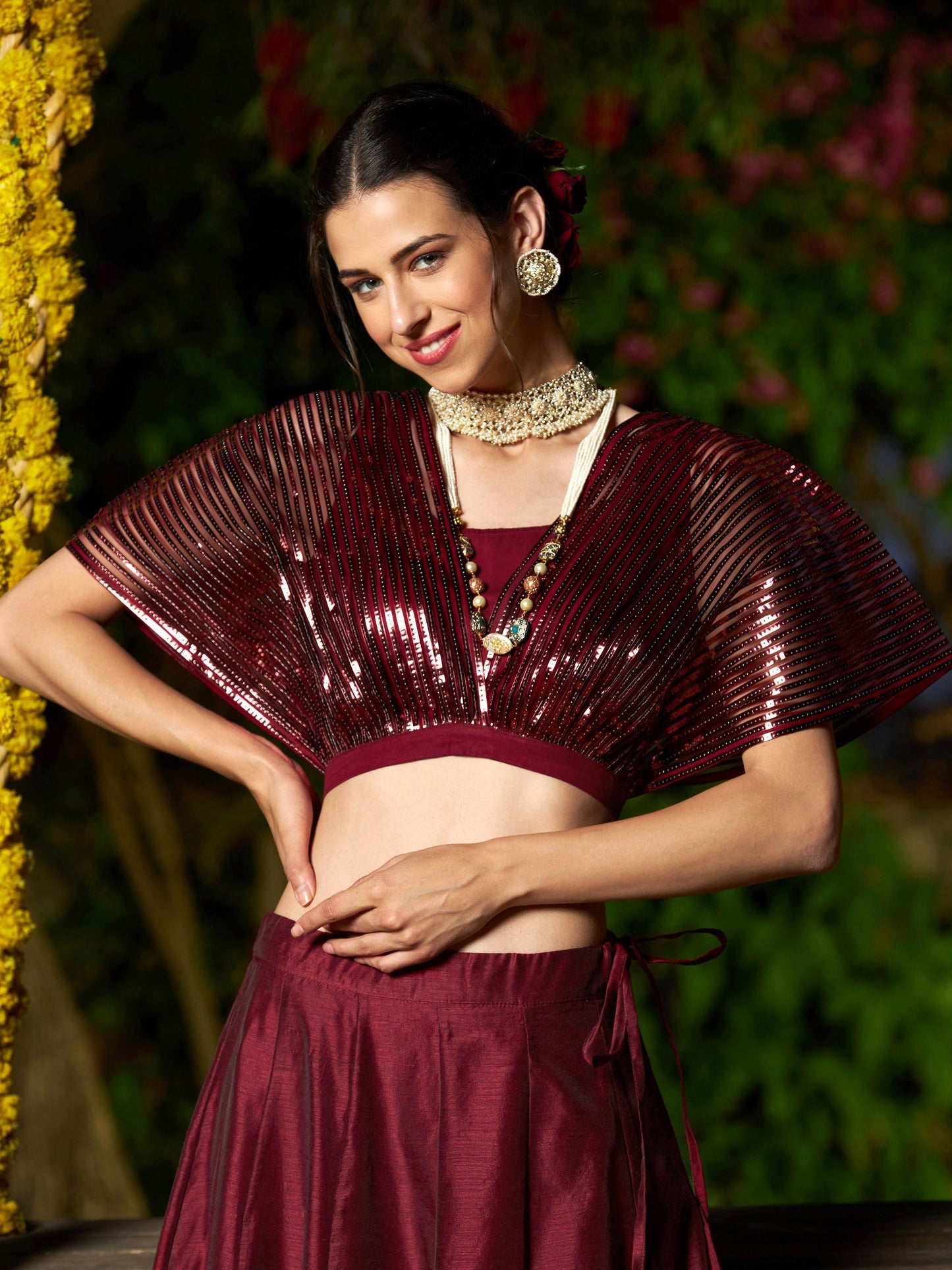 Women's Maroon Mesh Mettalic Detail Top with Chanderi Skirt