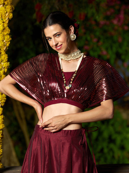 Women's Maroon Mesh Mettalic Detail Top with Chanderi Skirt