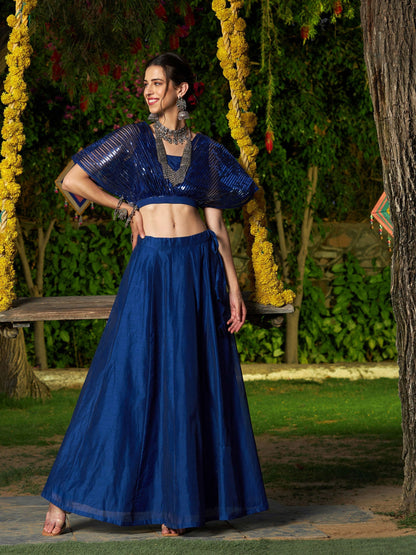 Women's Blue Mesh Mettalic Detail Top with Chanderi Skirt