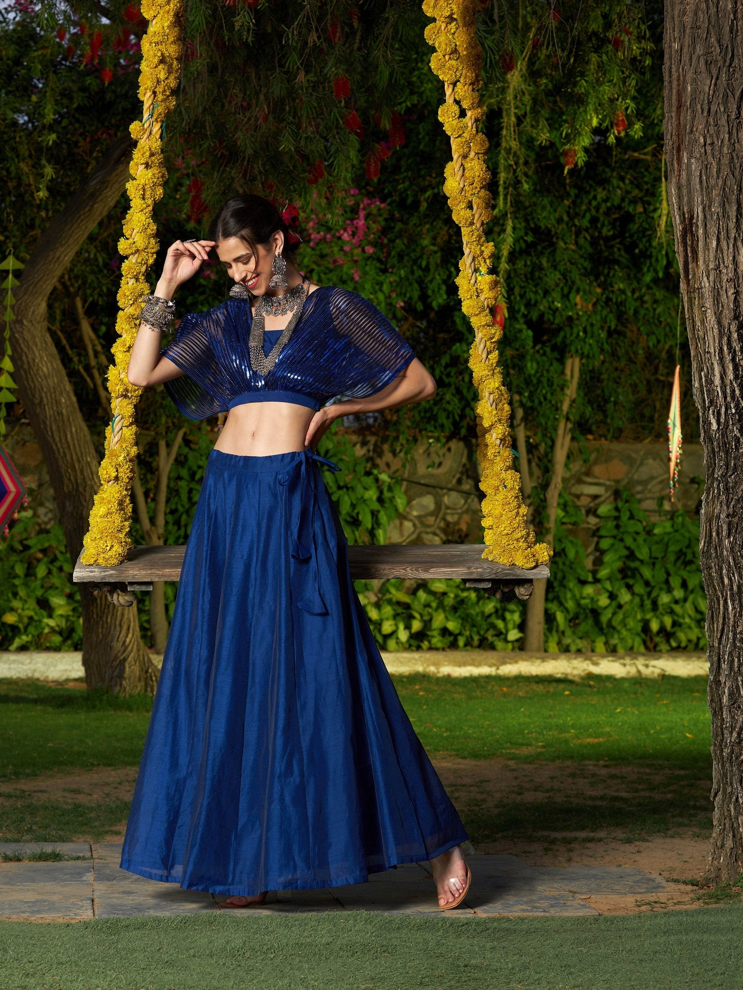 Women's Blue Mesh Mettalic Detail Top with Chanderi Skirt