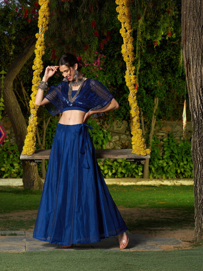 Women's Blue Mesh Mettalic Detail Top with Chanderi Skirt