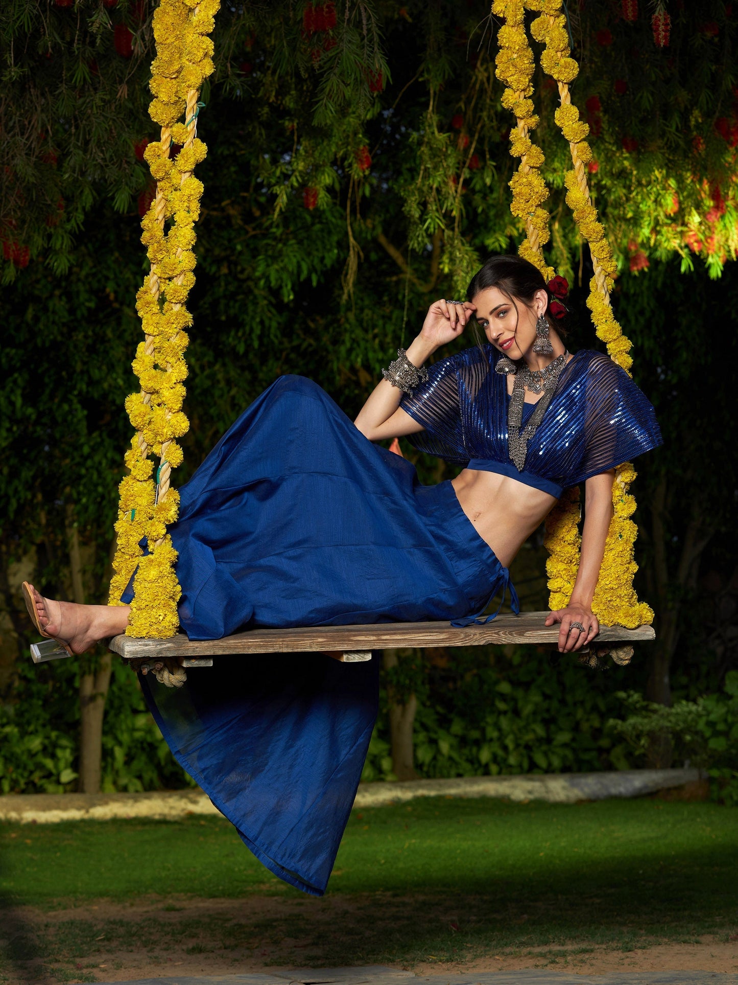 Women's Blue Mesh Mettalic Detail Top with Chanderi Skirt