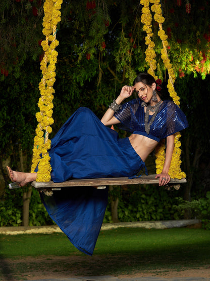 Women's Blue Mesh Mettalic Detail Top with Chanderi Skirt