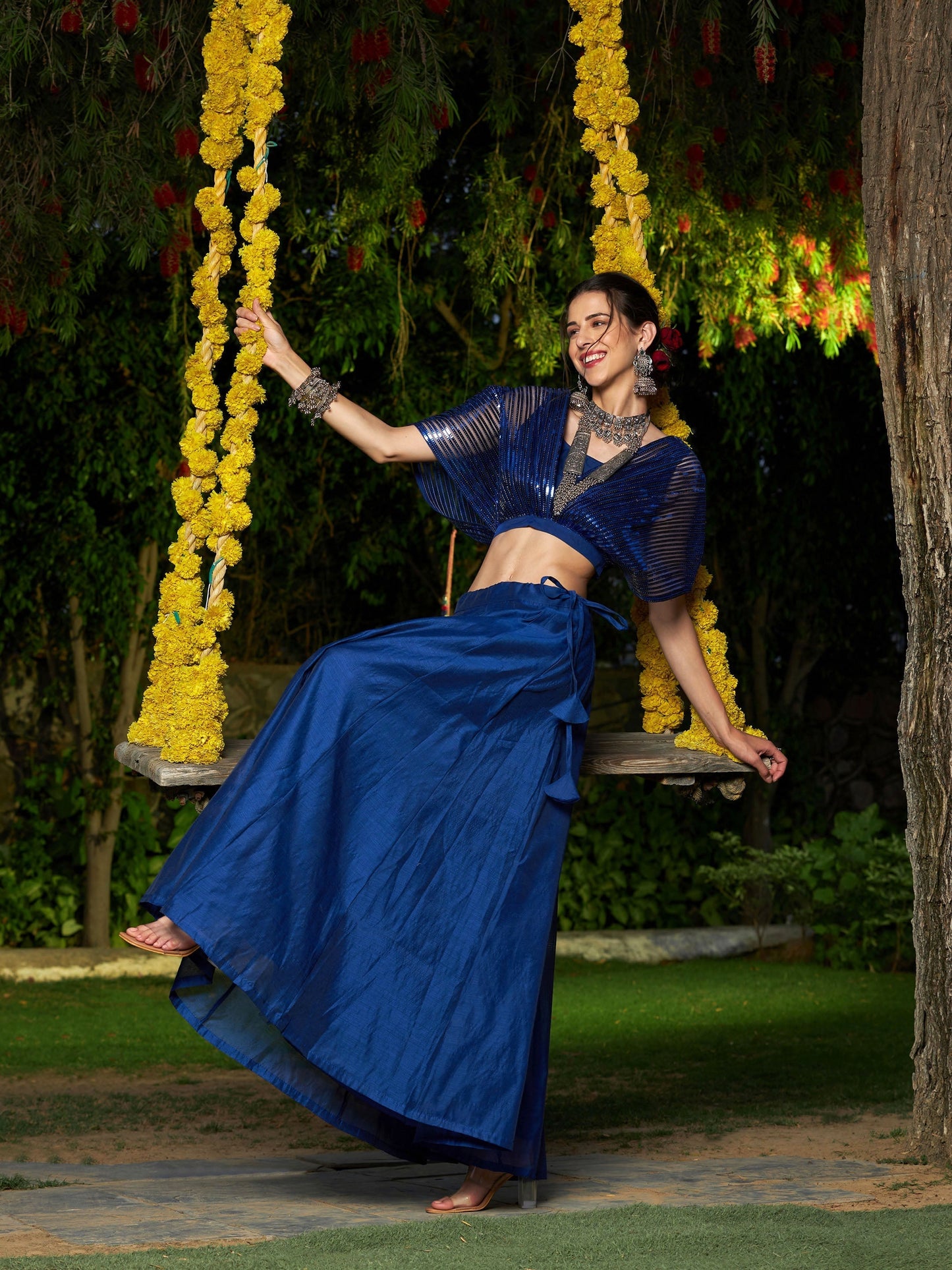 Women's Blue Mesh Mettalic Detail Top with Chanderi Skirt