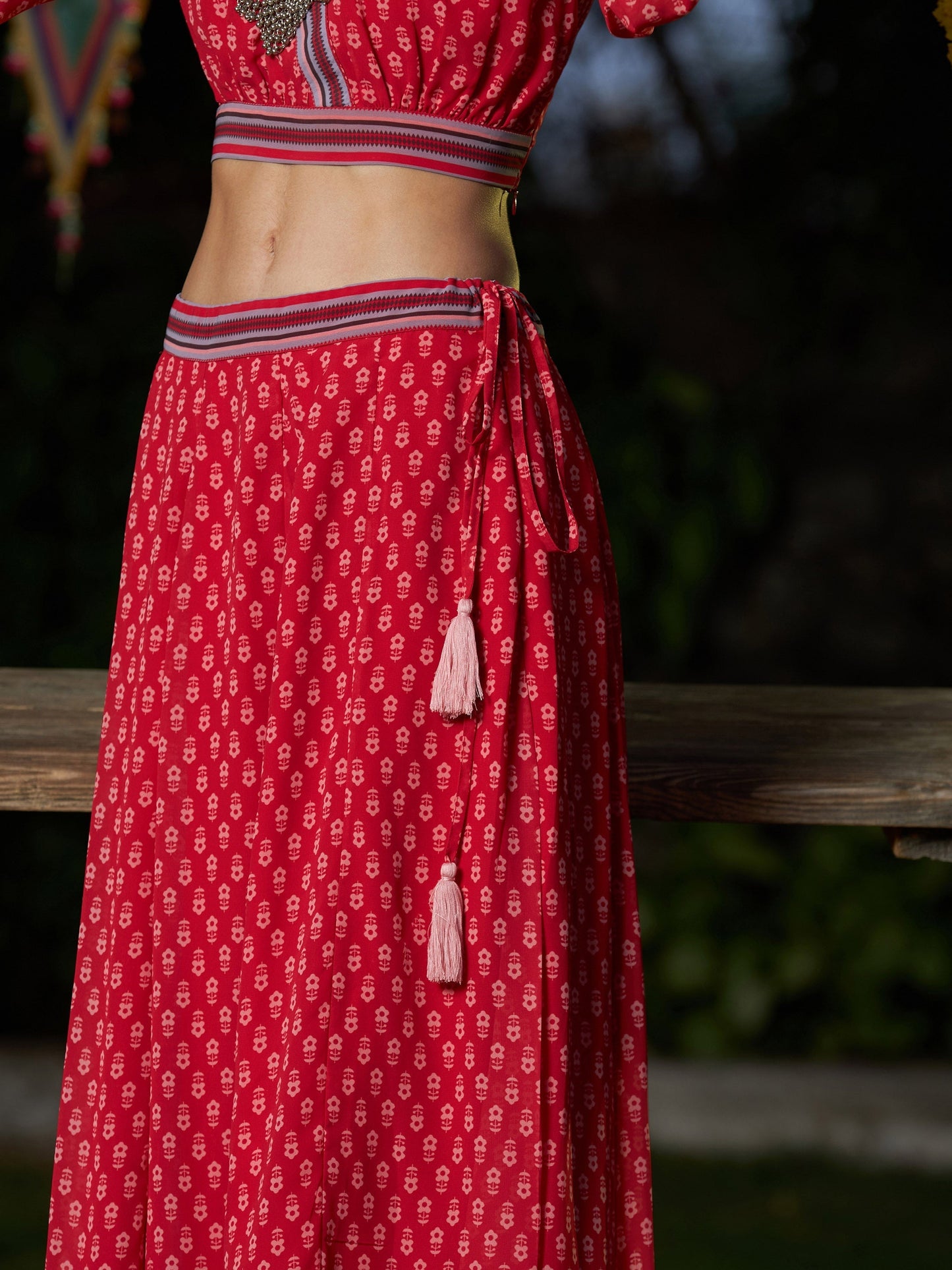 Women's Red Floral Puff Sleeves Crop Top With Skirt