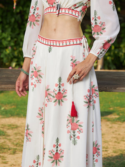 Women's Off White Floral Puff Sleeves Crop Top With Skirt