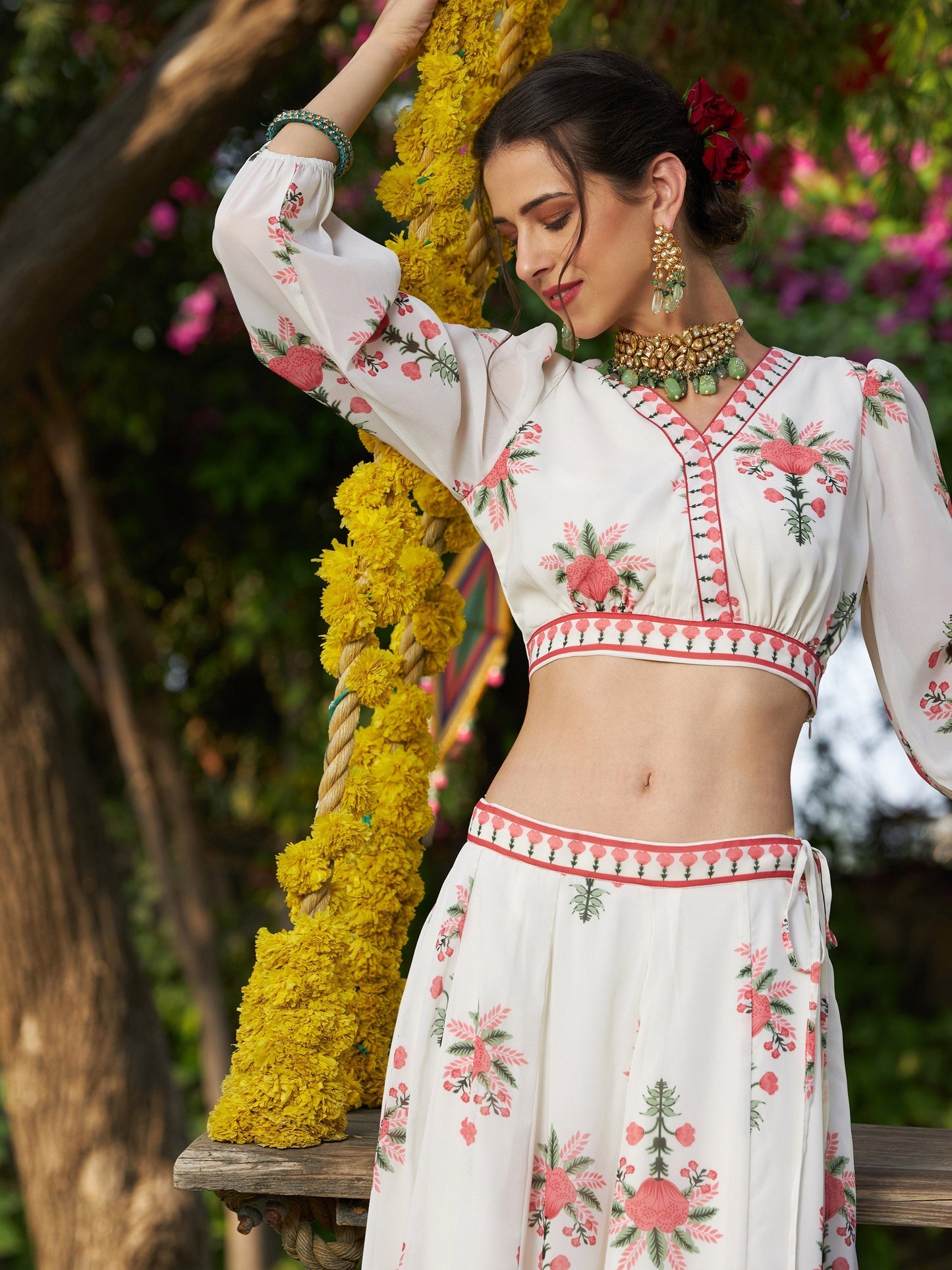 Women's Off White Floral Puff Sleeves Crop Top With Skirt
