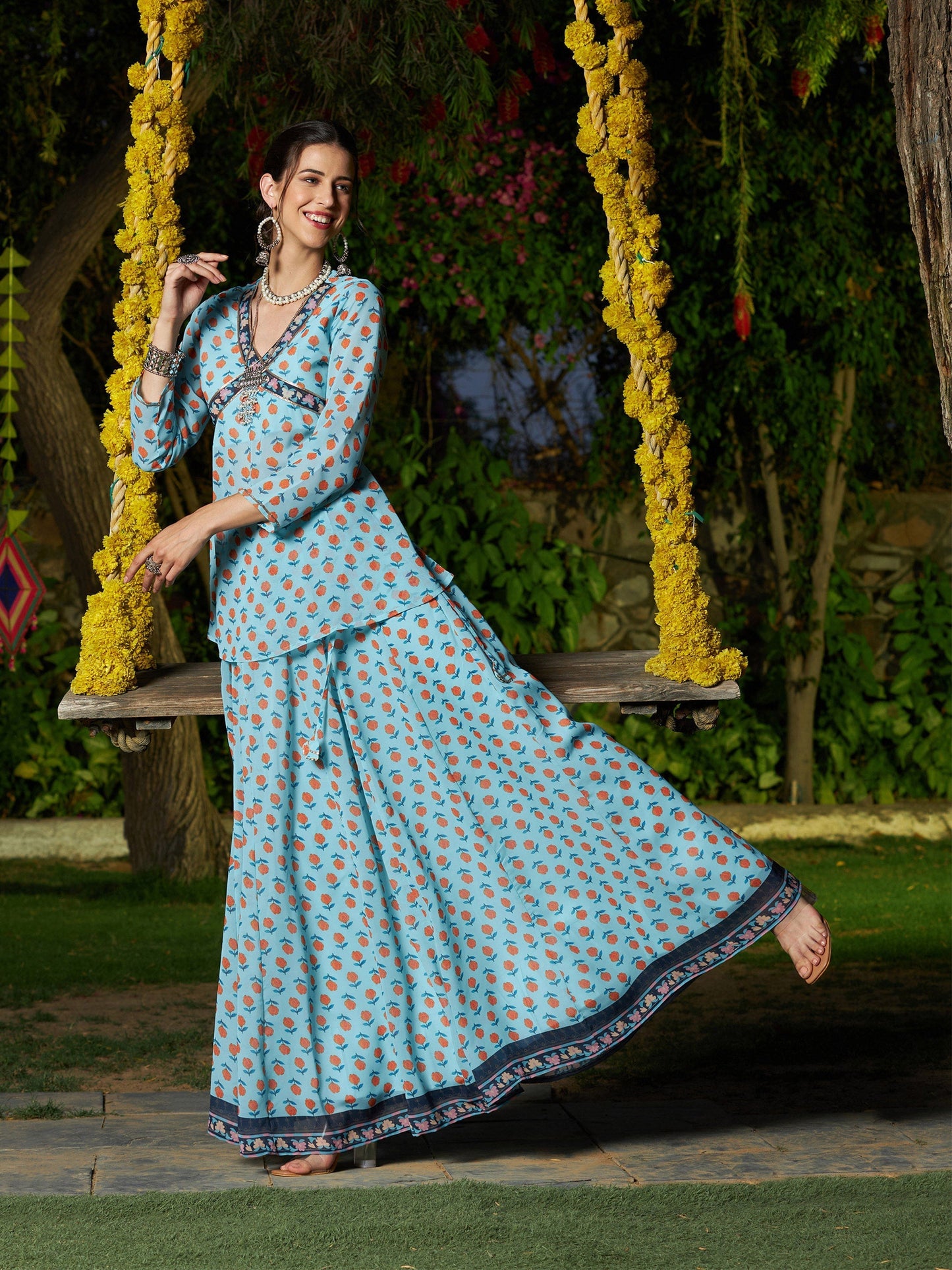 Women's Blue Floral Peplum Top With Anarkali Skirt