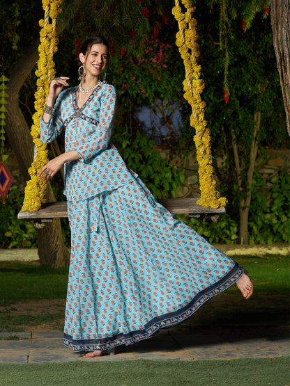 Women's Blue Floral Peplum Top With Anarkali Skirt