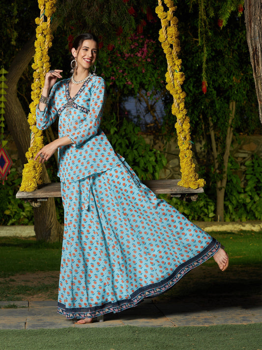 Women's Blue Floral Peplum Top With Anarkali Skirt