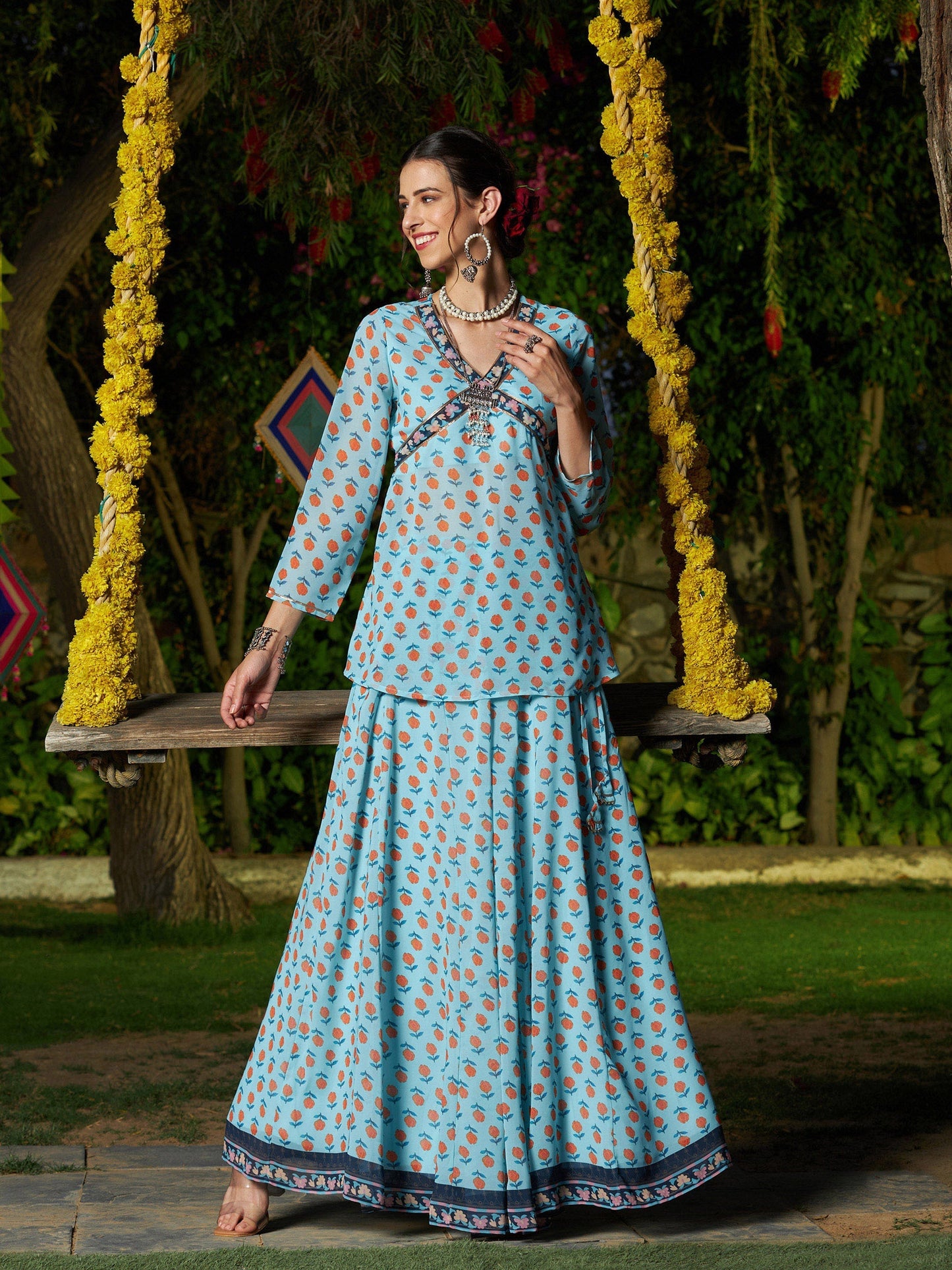 Women's Blue Floral Peplum Top With Anarkali Skirt