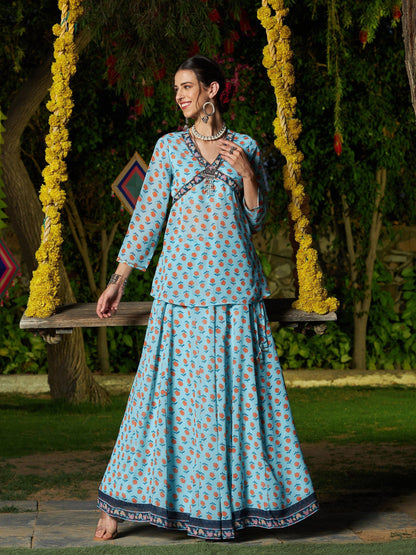 Women's Blue Floral Peplum Top With Anarkali Skirt