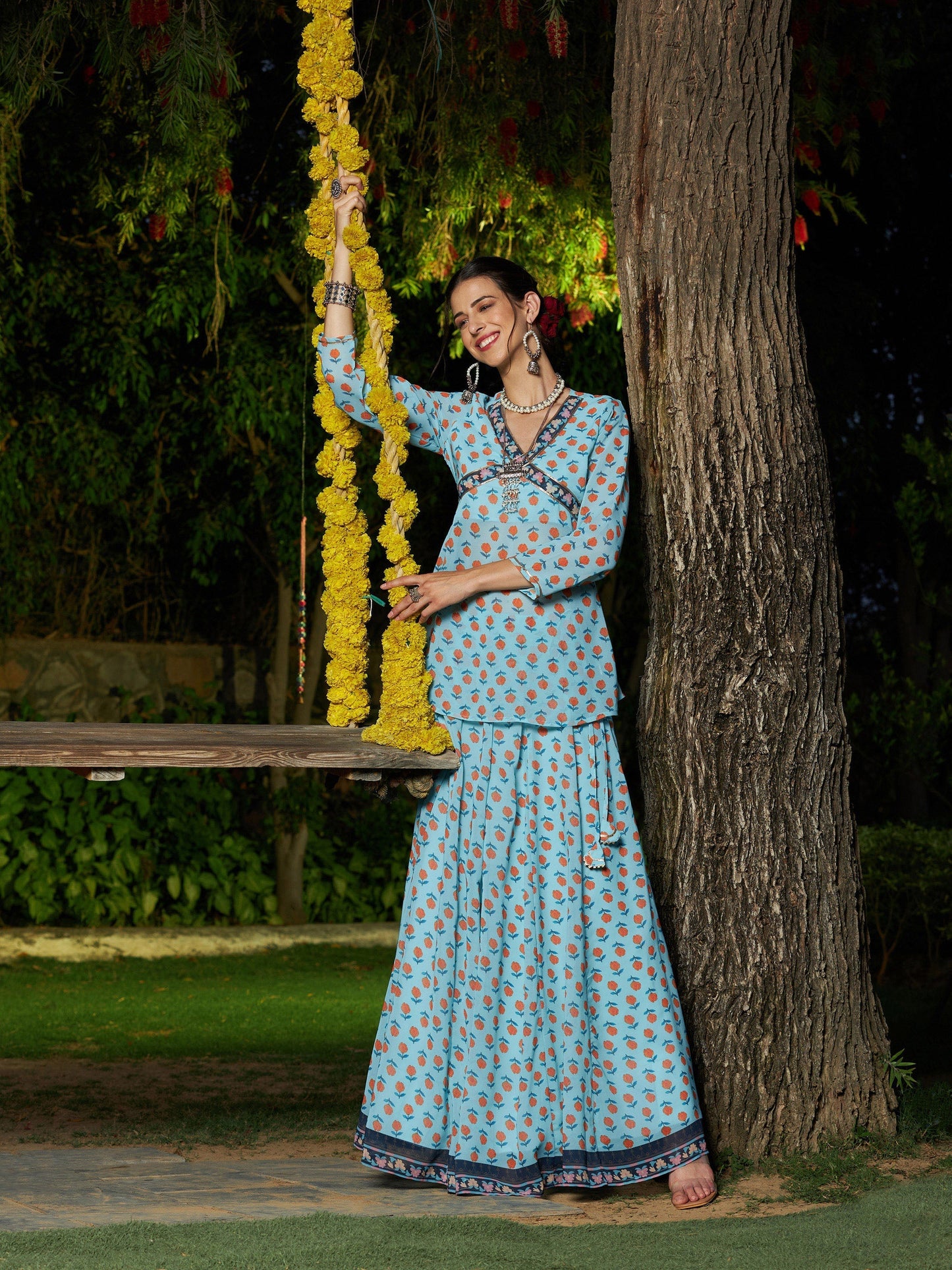 Women's Blue Floral Peplum Top With Anarkali Skirt