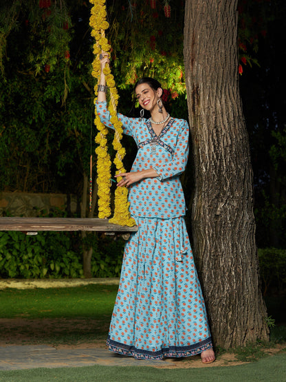 Women's Blue Floral Peplum Top With Anarkali Skirt