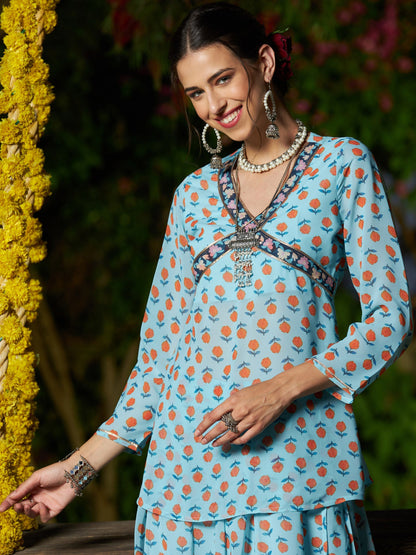 Women's Blue Floral Peplum Top With Anarkali Skirt
