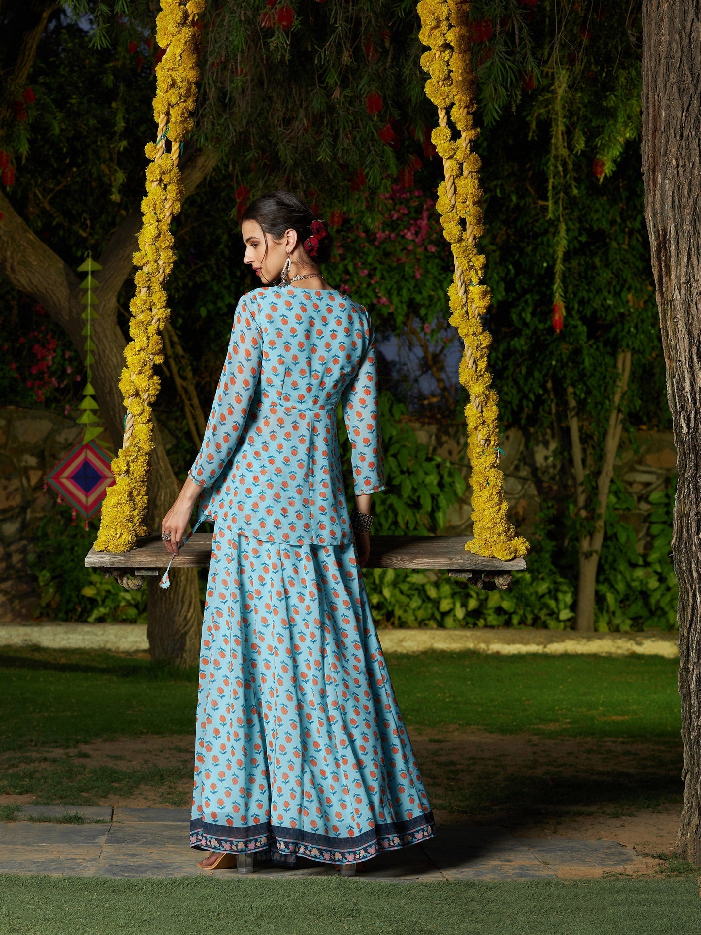 Women's Blue Floral Peplum Top With Anarkali Skirt