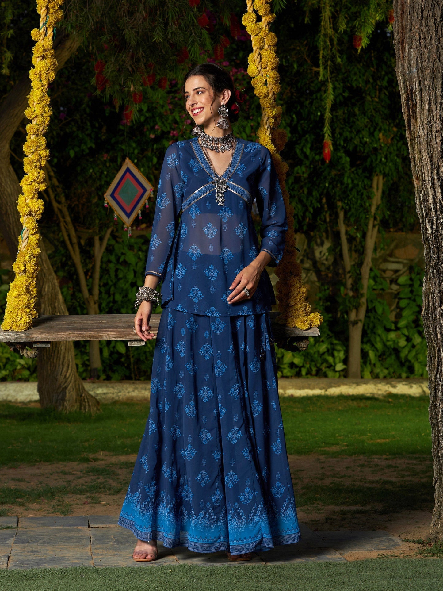 Women's Navy Floral Peplum Top With Anarkali Skirt