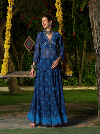 Women's Navy Floral Peplum Top With Anarkali Skirt