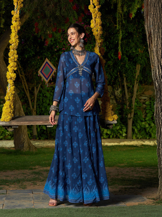Women's Navy Floral Peplum Top With Anarkali Skirt