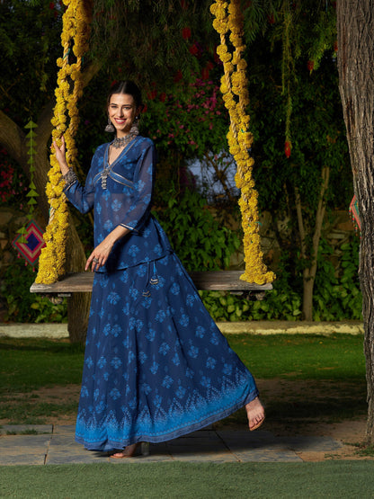 Women's Navy Floral Peplum Top With Anarkali Skirt