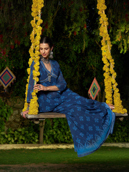 Women's Navy Floral Peplum Top With Anarkali Skirt