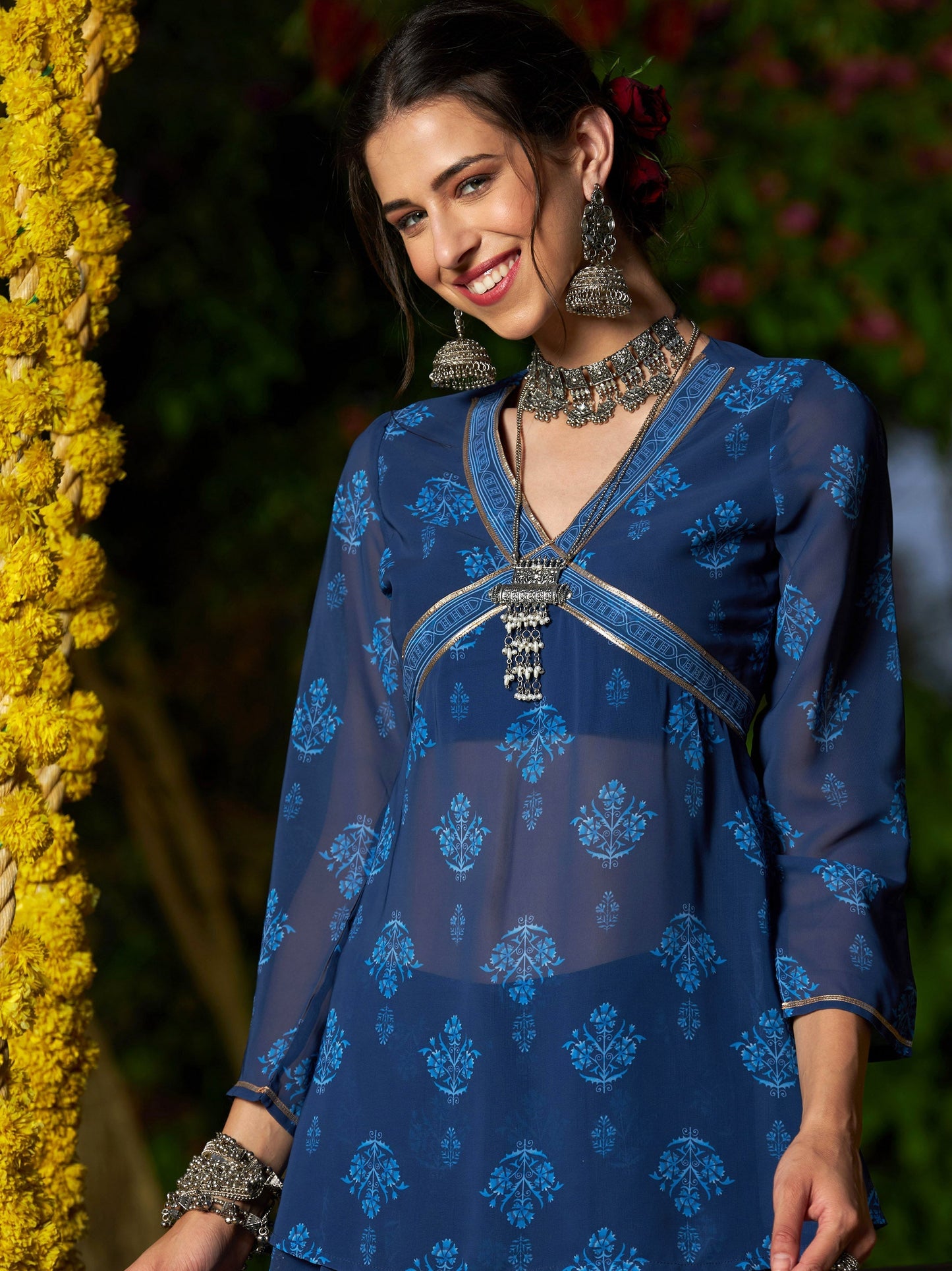 Women's Navy Floral Peplum Top With Anarkali Skirt
