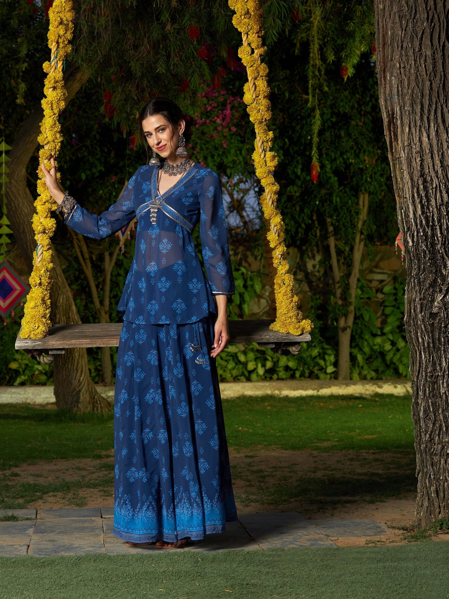 Women's Navy Floral Peplum Top With Anarkali Skirt