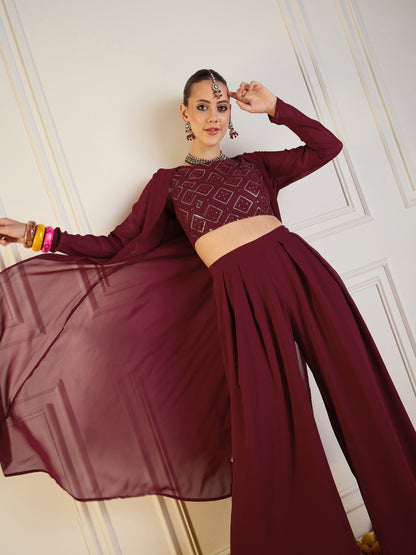 Women's Maroon Crop Top Co-Ord Set