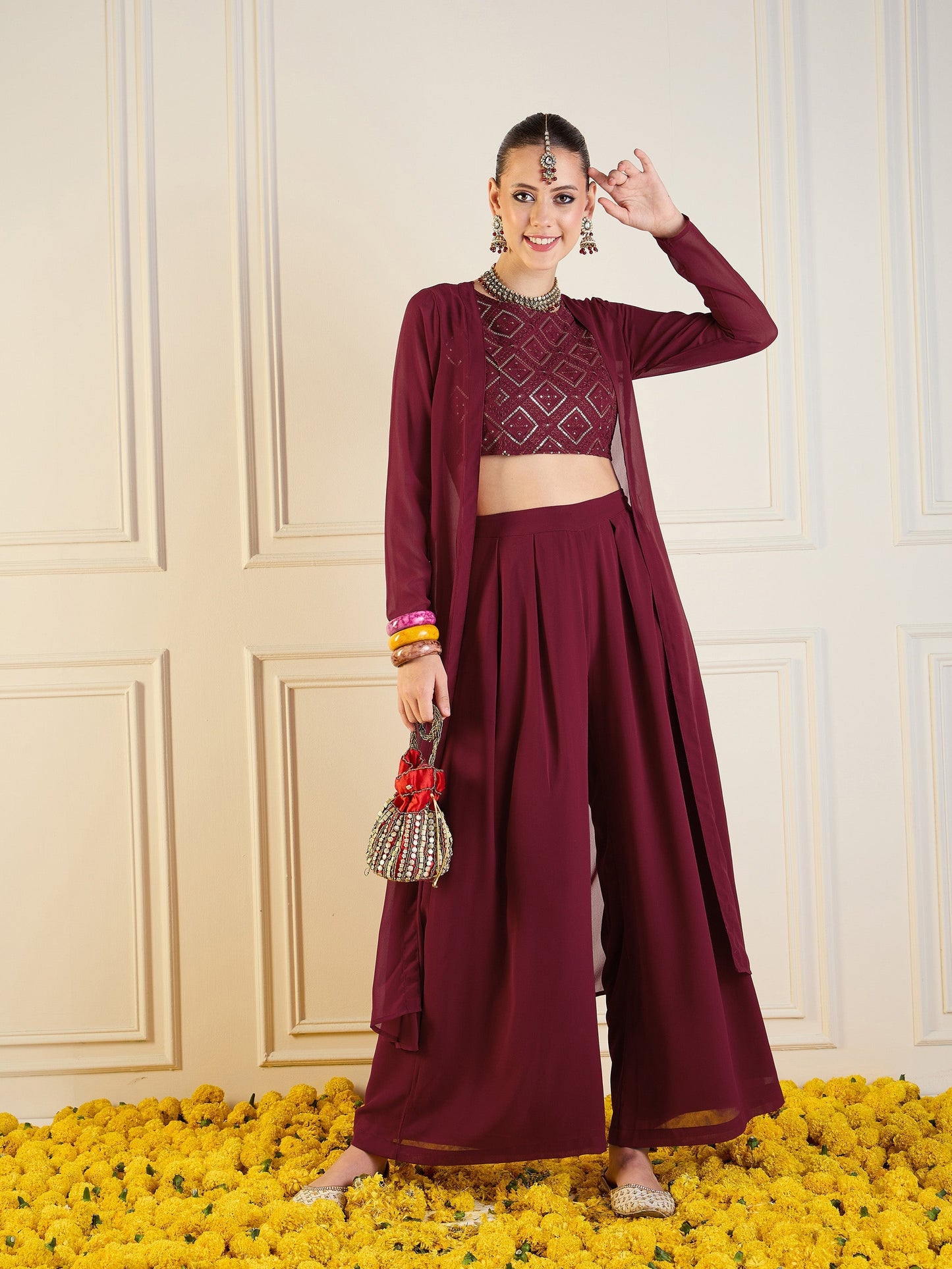 Women's Maroon Crop Top Co-Ord Set