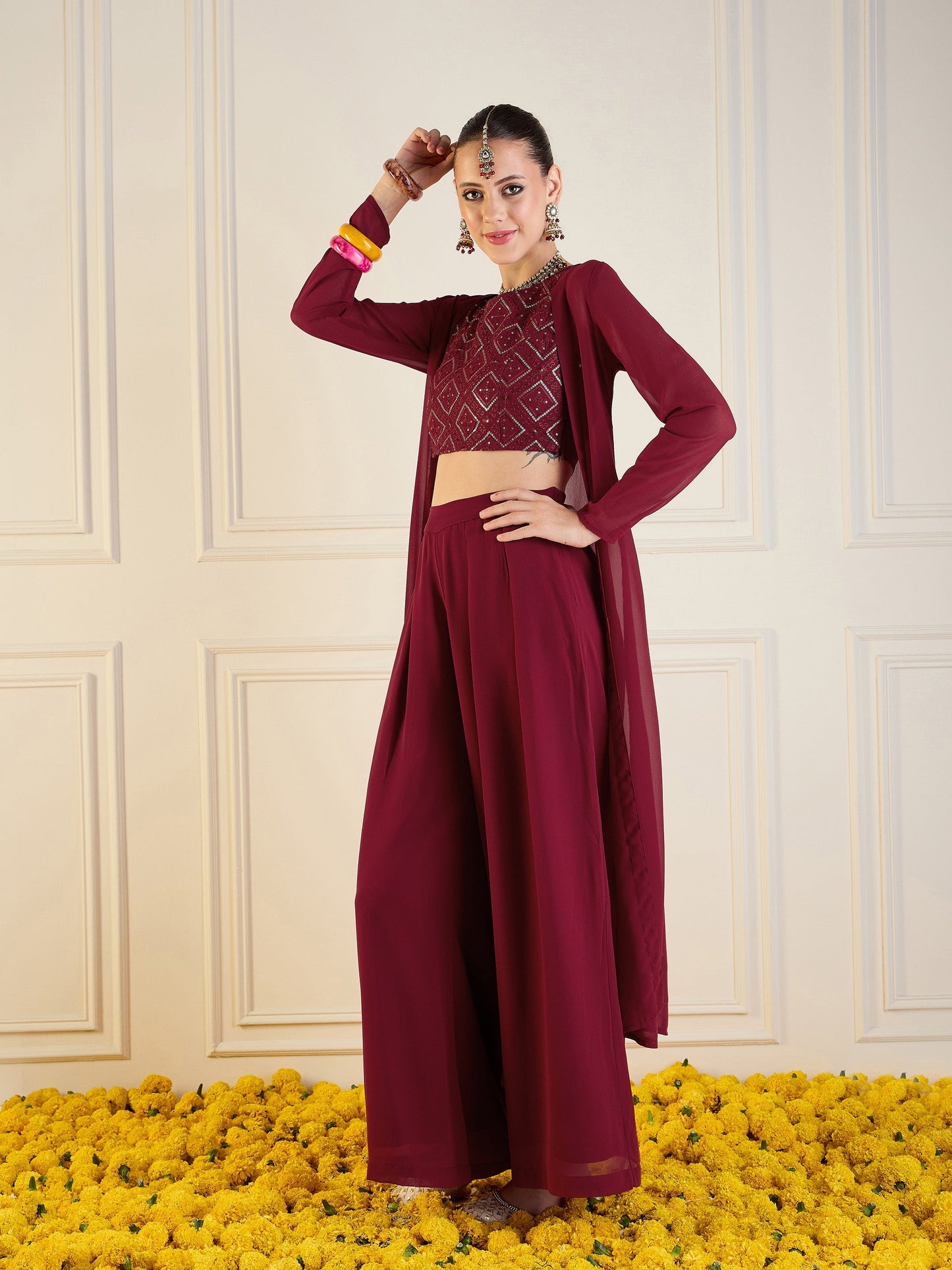 Women's Maroon Crop Top Co-Ord Set