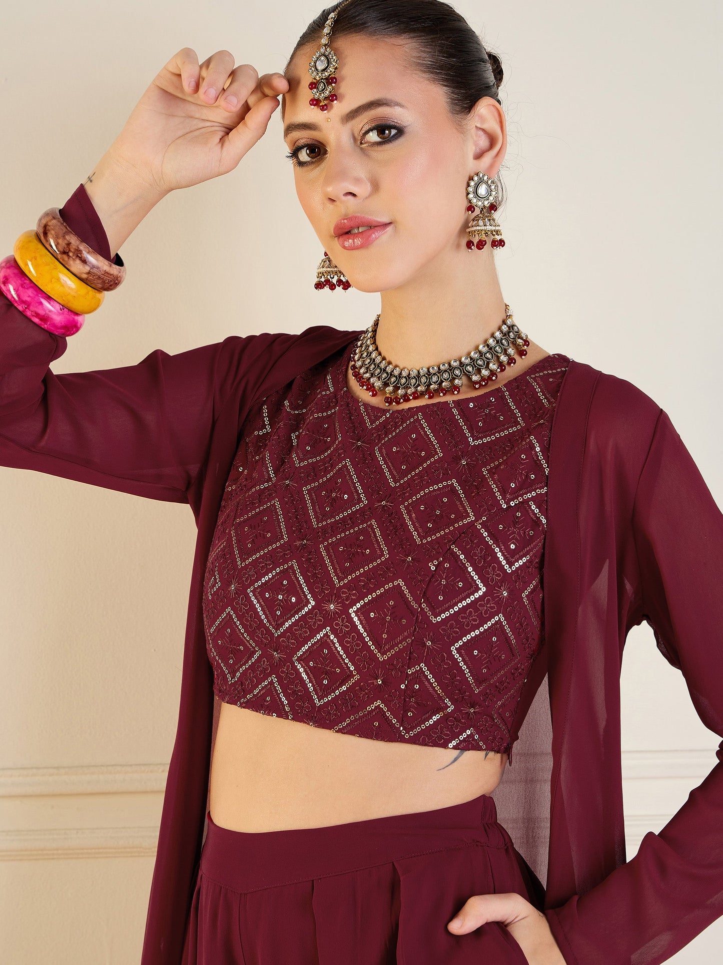 Women's Maroon Crop Top Co-Ord Set
